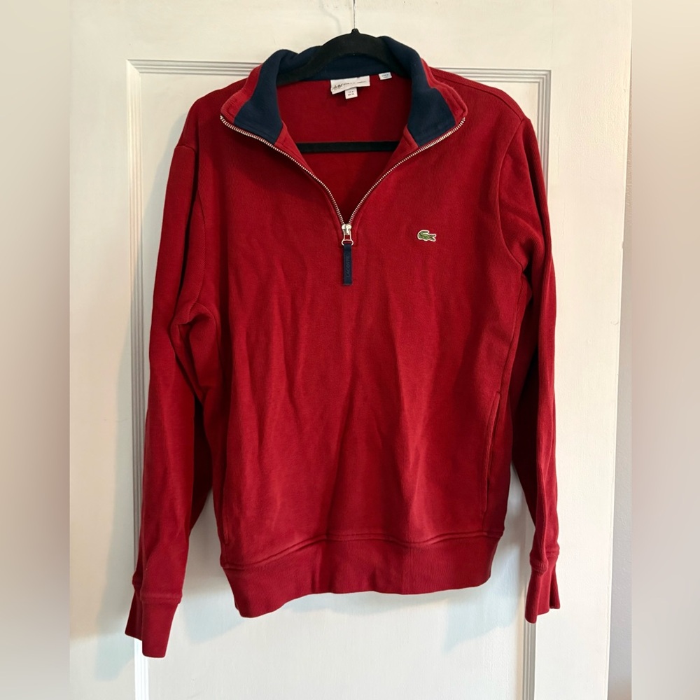 Lacoste Men's Red Quarter-Zip 100% Cotton Sweater Size XL